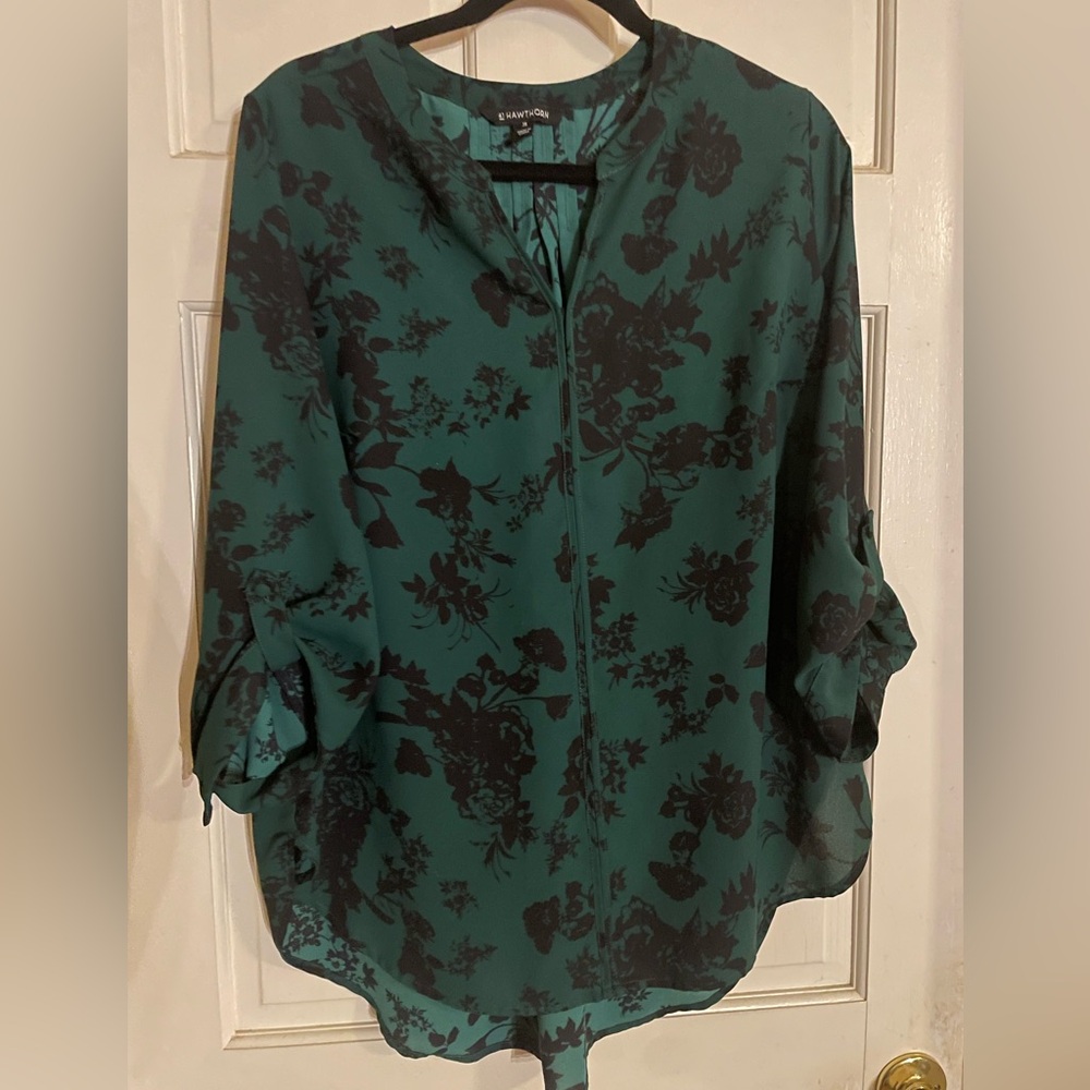 41 Hawthorne Karie Split Neck Blouse Green Black Floral 3/4 Sleeve Top Size 1X